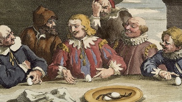 "Das Ei des Kolumbus" - Kupferstich von William Hogarth, 1752, spätere Kolorierung. Zu Ostern gibt es Ostereier im Osternest. | Bild: picture-alliance / akg-images