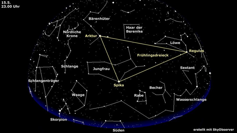 Sternkarte für das Frühlingsdreieck aus den Sternbildern Löwe, Jungfrau, Bärenhüter (gültig für den 15. Mai um 23.00 Uhr) | Bild: BR, Skyobserver