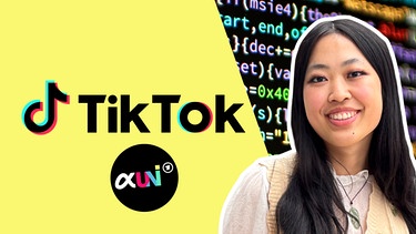 Rechts: das Portrait einer lachenden jungen Frau. Auf der linken Seite des Bildes das TikTok-Logo, darunter das Logo von alpha Uni.  | Bild: BR/Oliver Höpfner / Verena Lienhof | picture alliance / imageBROKER | Valentin Wolf