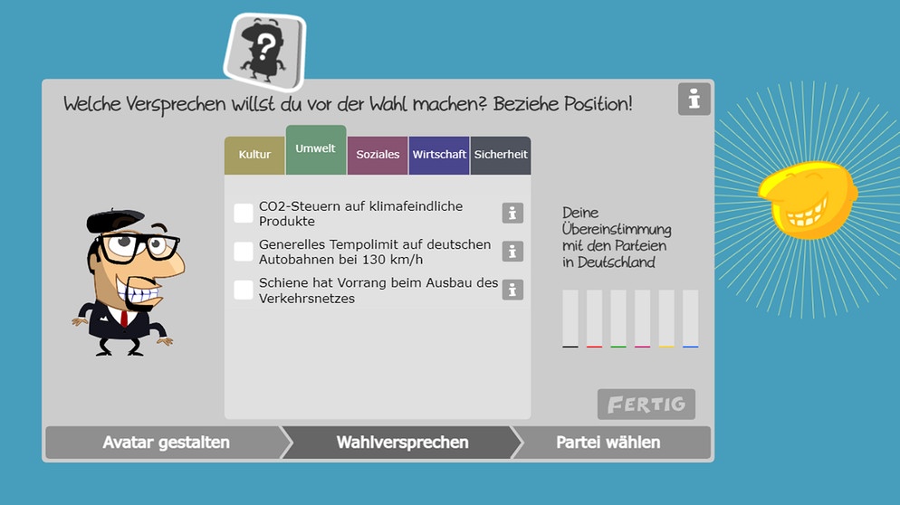 In der Kanzler*innen-Simulation gilt es, während einer Legislaturperiode möglichst viele politische Herausforderungen zu meistern. | Bild: SWR/planet schule