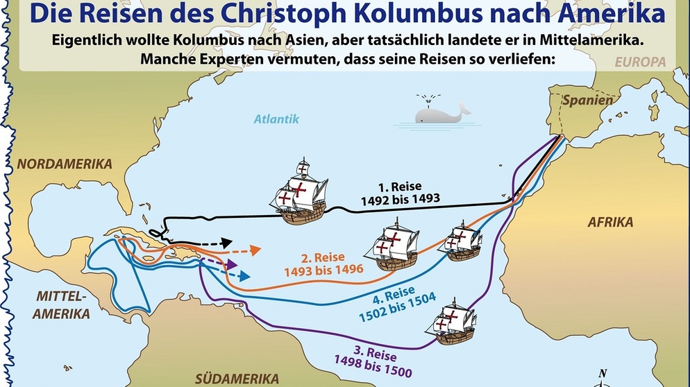 Christoph Kolumbus gilt als Entdecker Amerikas. Die Grafik zeigt seine Routen. Christoph Kolumbus sollte einen Seeweg nach Asien finden. Am 12. Oktober 1492 entdeckte er dabei Amerika. | Bild: picture-alliance/dpa