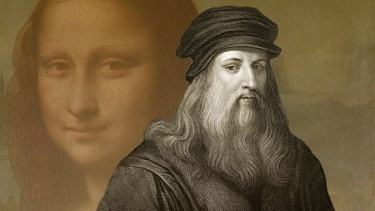 Leonardo da Vinci, im Hintergrund eins seiner berühmtesten Gemälde, die Mona Lisa. - Leonardo da Vinci malte das berühmteste Lächeln der Welt - das der Mona Lisa. Außerdem konstruierte er Waffen und träumte vom Fliegen - seine Hand brachte tausend Ideen zu Papier. Er war der Universalgelehrte der Renaissance. | Bild: picture alliance/imageBROKER