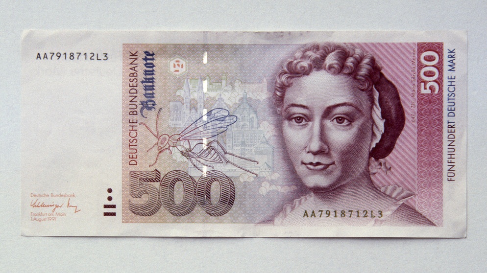 19.04.2016, Berlin, Deutschland, alte Banknote: Porträt der Naturforscherin und wissenschaftlichen Illustratorin Maria Sibylla Merian auf dem 500-DM-Schein. | Bild: picture alliance / Caro | Sorge