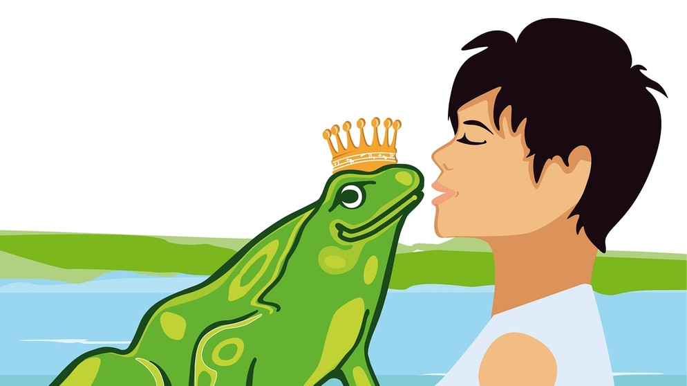 Illustration einer Frau, die den Froschkönig küsst. Lange wurden Märchen nur mündlich überliefert. Die Brüder Grimm fingen an, sie zu sammeln und aufzuschreiben. Wie entstanden ihre Märchen und was macht die Geschichten so besonders? | Bild: dpa-Bildfunk