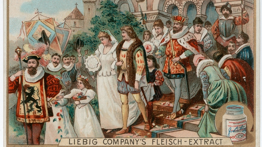 König Drosselbart heiratet die Prinzessin, Farblithographie, 1902, Sammelbildchen der Liebig Company's Fleisch-Extract. Lange wurden Märchen nur mündlich überliefert. Die Brüder Grimm fingen an, sie zu sammeln und aufzuschreiben. Wie entstanden ihre Märchen und was macht die Geschichten so besonders? | Bild: dpa-Bildfunk