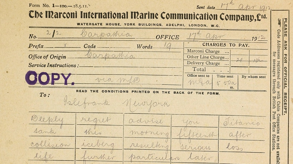 Dieses Telegramm teilt mit, dass die Titanic untergegangen ist. Was zeigen die neuen 3-D-Scans des Wracks der Titanic? Was war die Ursache ihres Untergangs am 14. April 1912? Wie es auf der Titanic aussah, erfahrt ihr hier. | Bild: picture-alliance/dpa