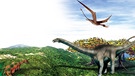 Dinosaurier Apatosaurus (rechts), Velociraptor (links) und Rhamphorhynchus (oben) | Bild: picture-alliance/dpa