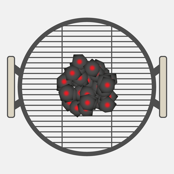Grafische Darstellung eines Kugelgrills mit unterschiedlicher Verteilung der glühenden Holzkohle (Ansicht von oben). Damit soll illustriert werden, für welches Fleisch welche Garzeit und welche Form des Grillens - wie das indirekte Grillen - geeignet ist. | Bild: BR/Tanja Begovic