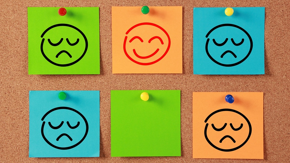 Bunte Post-its mit Smileys. Denkt ihr oft negativ? Wir erklären, warum manche Menschen eher Pessimisten oder Optimisten sind, was 'pessimistisch' bedeutet - und ob das wirklich immer schlecht ist. | Bild: colourbox.com