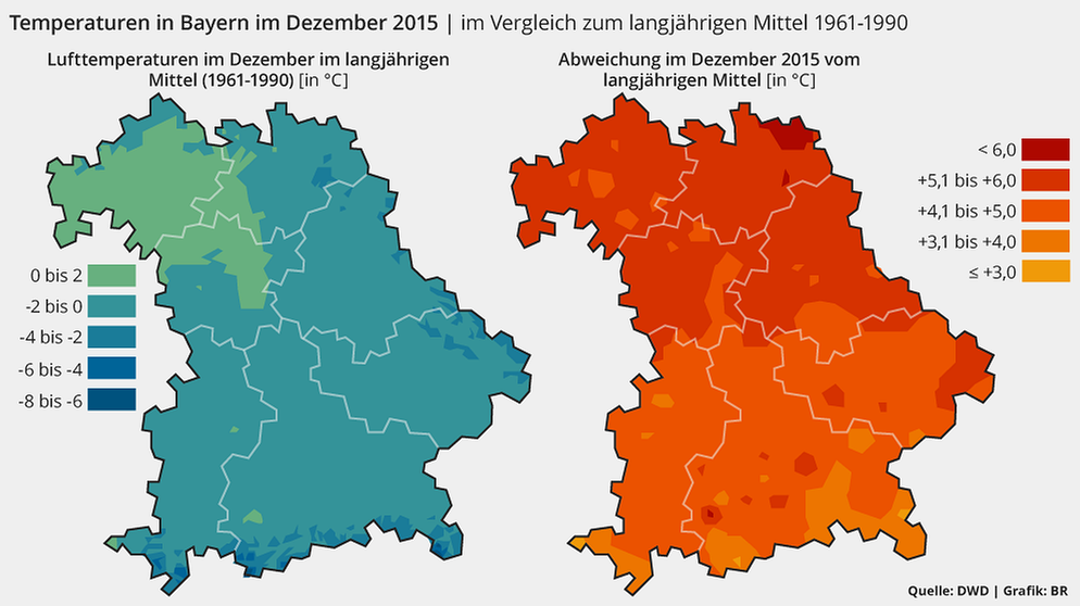 Grafik: Durchschnittstemperatur in Bayern im Dezember 2015 im Vergleich zum langjährigen Mittel von 1961-1990. Weiße Weihnacht? Von wegen! Im Dezember 2015 herrschten in Bayern oft frühlingshafte Temperaturen. Im Durchschnitt herrschte im Dezember eine Temperatur von 4,3 Grad Celsius - fast fünf Grad über dem langjährigen Mittelwert. | Bild: BR, Quelle: DWD