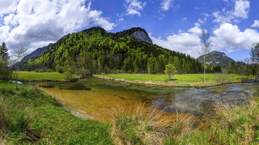 Die Ammerquellen mit Falkenwand in den Ammergauer Alpen: Bayerns Flüsse, Bäche und Seen werden durch den Klimawandel immer wärmer. Seit 1980 sind die Temperaturen der bayerischen Fließgewässer pro Jahrzehnt um ein halbes Jahr gestiegen, so der Klima-Report Bayern 2015 des bayerischen Landesamts für Umwelt. | Bild: imago/blickwinkel