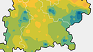 Grafik: Niederschlagsmengen im Mai 2016 in Bayern im Vergleich zum langjährigen Mittel von 1961-1990. Im Süden Bayerns und in Unterfranken fielen um 30 bis 50, mancherorts sogar bis 100 Prozent mehr Niederschläge als normalerweise im Mai. Im Norden Bayerns, von Unterfranken abgesehen, fiel dagegen weniger Regen als im langjährigen Mittel. | Bild: BR, Quelle: DWD