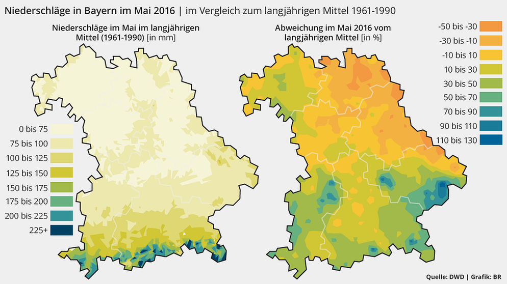 Grafik: Niederschlagsmengen im Mai 2016 in Bayern im Vergleich zum langjährigen Mittel von 1961-1990. Im Süden Bayerns und in Unterfranken fielen um 30 bis 50, mancherorts sogar bis 100 Prozent mehr Niederschläge als normalerweise im Mai. Im Norden Bayerns, von Unterfranken abgesehen, fiel dagegen weniger Regen als im langjährigen Mittel. | Bild: BR, Quelle: DWD