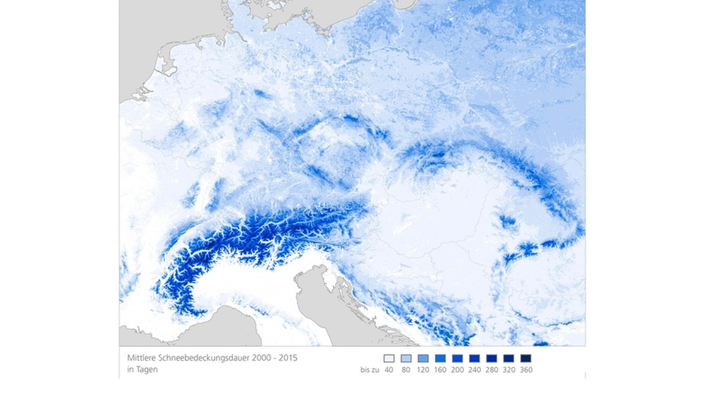 Schneebedeckung in Europa in Tagen im langjährigen Mittel (2000 bis 2015), ermittelt anhand von Satellitendaten durch das Deutsche Zentrum für Luft- und Raumfahrt DLR | Bild: DLR