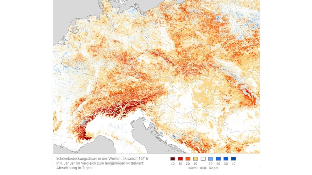 Abweichung der Schneebedeckung in Europa im Winter 2015/16 (bis einschließlich Januar) vom langjährigen Mittel (2000 bis 2015), ermittelt anhand von Satellitendaten durch das Deutsche Zentrum für Luft- und Raumfahrt DLR | Bild: DLR