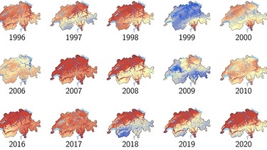 Relative Schneehöhe pro Winter (Nov. - Apr.) im Vergleich zum langjährigen Mittelwert (1971-2000). Rot bedeutet unterdurchschnittliche, gelb durchschnittliche und blau überdurchschnittliche Schneehöhe. Die Informationen auf der Karte basieren auf langjährigen Messreihen von Messstationen vor Ort und räumlicher Interpolation. Der Lawinenwinter 1999 ist beispielsweise deutlich erkennbar. Mit Ausnahme der Südseite der Alpen waren die Schneemengen in der gesamten Schweiz überdurchschnittlich, auch in tieferen Lagen. | Bild: WSL-Institut für Schnee-und Lawinenforschung SLF