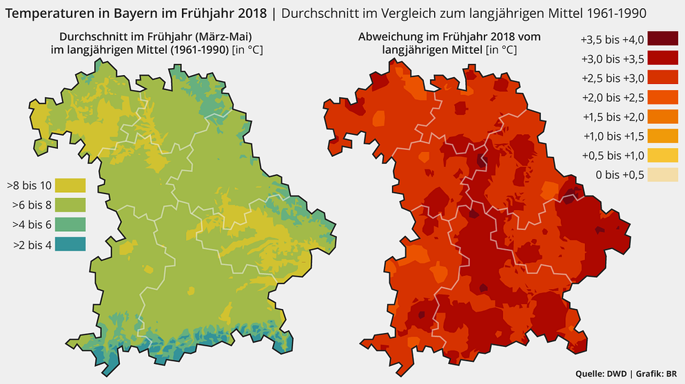 Grafik: Jahresdurchschnittstemperatur in Bayern im Frühjahr 2018 im Vergleich zum langjährigen Mittel von 1961-1990.  | Bild: BR, Quelle: DWD