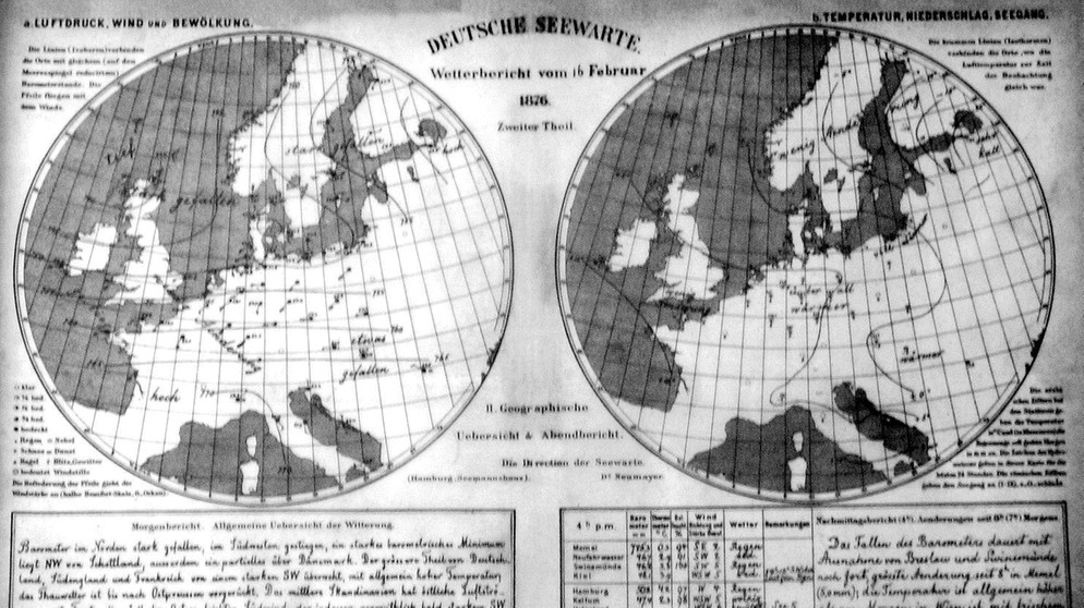 Erste deutsche Wetterkarte (1876). Wann erschien der erste Wetterbericht? Wie viele Supercomputer braucht es für die Meteorologie? Was sind Wolken, wie entstehen Regen, Wirbelstürme und Wetterphänomen wie El Niño? Wir erklären euch die Geschichte der Wetterkunde! | Bild: picture-alliance/dpa/dpaweb