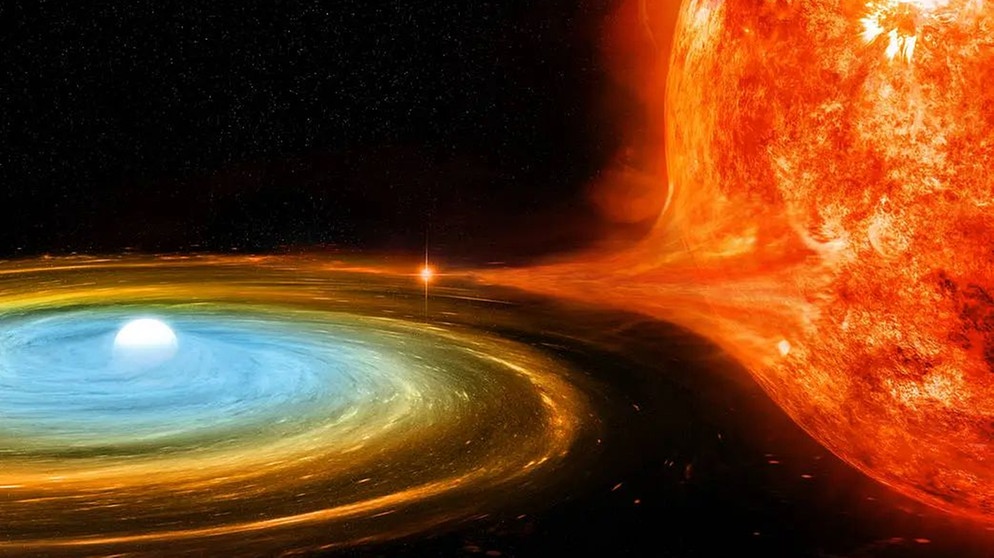 Grafische Darstellung eines Doppelsternsystems aus einem Roten Riesen (rechts) und einem Weißen Zwerg (links). Der Weiße Zwerg ist ein extremer Sterntyp am Ende eines Sternenlebens, hevorgegangen aus einem Roten Riesen. Er hat alle seine Hüllen abgeworfen, nur ein enorm dichter Kern ist übrig. Der saugt aufgrund seiner hohen Dichte Material an - in diesem Fall vom nahen Roten Riesen. | Bild: NASA/CXC/M.Weiss