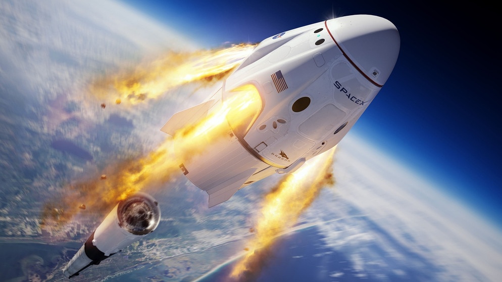 Illustration des Notfall-Antriebs der Crew Dragon-Raumkapsel von SpaceX. Der Notfall-Antrieb soll die Raumkapsel in Sekunden von der Trägerrakete Falcon 9 wegbringen, falls beim Start etwas passiert. Im April 2019 explodierte allerdings eine Crew Dragon genau beim Test des Antriebs. | Bild: picture alliance / newscom