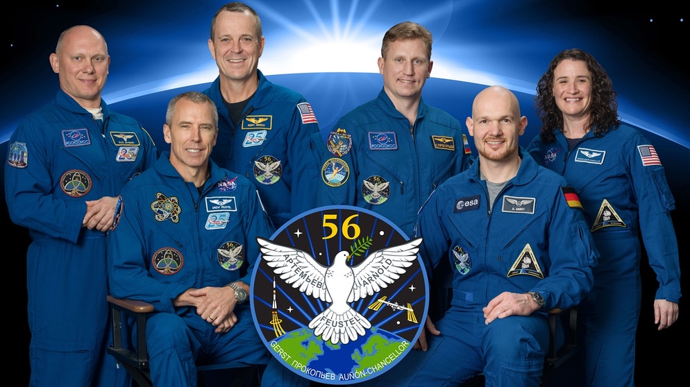 Die Crew Expedition 56: Oleg Artjemjew, Andrew Feustel, Ricky Arnold, Sergej Prokopjew, Alexander Gerst und Serena Auñón-Chancellor. | Bild: picture alliance/ZUMA Press