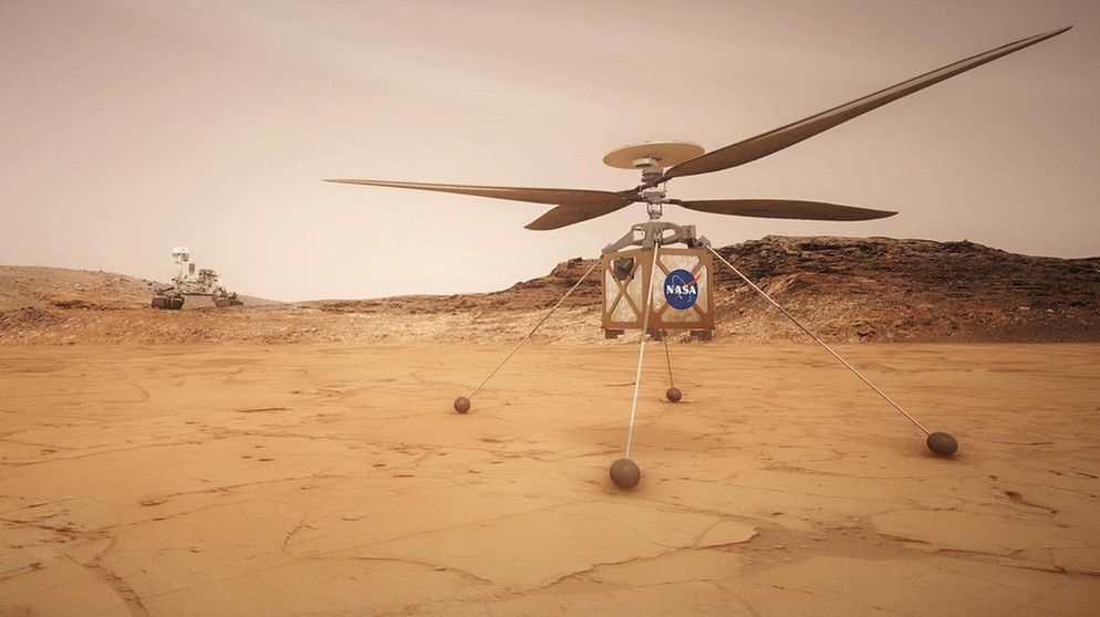 Mars 2020-Illustration: Im Hintergrund ist der Rover der NASA-Mission Perseverance (Mars 2020) zu sehen, im Vordergrund der Mars Helicopter Ingenuity. | Bild: NASA/JPL-Caltech