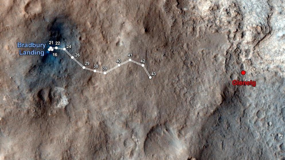 Satellitenbild der Strecke, die der Mars-Rover Curiosity bis zum 19. September 2012 zurückgelegt hat | Bild: NASA