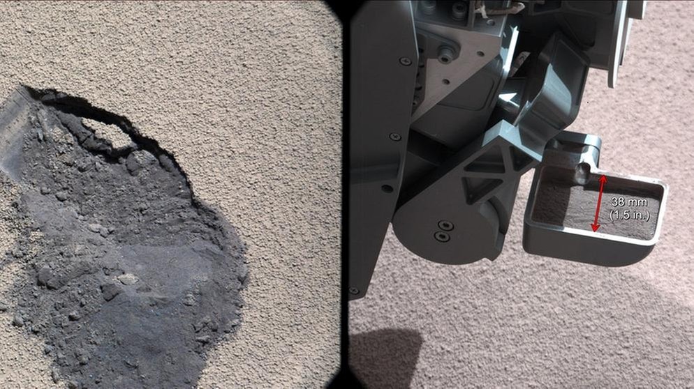 Grabungsspur und Schaufel von Curiosity, dem Mars-Rover der NASA | Bild: NASA/JPL-Caltech/MSSS