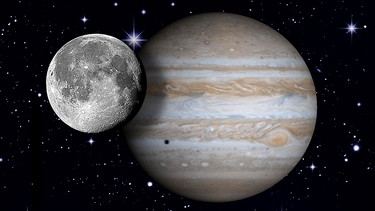 Collage des Planeten Jupiter mit dem Mond vor dem Sternenhimmel | Bild: NASA, ESA, colourbox.com