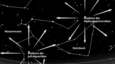 Sternkarte mit den Radianten der Meteor-Ströme Alpha-Capricorniden & Juli-Aquariden. Die Sternschnuppen scheinen aus den Sternbildern Wassermann und Steinbock zu kommen. | Bild: BR, Skyobserver