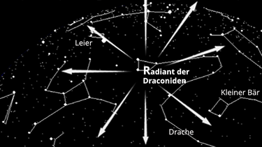 Sternkarte mit dem Radiant der Draconiden-Sternschnuppen. Der Meteorstrom hat seinen Ausstrahlungspunkt bei den Sternbildern Drache, Großer Wagen, Kleiner Wagen | Bild: BR, Skyobserver