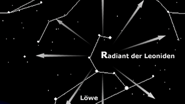 Sternkarte mit dem Radiant der Leoniden-Sternschnuppen. Der Meteor-Strom hat seinen scheinbaren Ausstrahlungspunkt im Sternbild Löwe (Leo) | Bild: BR, Skyobserver