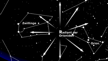 Sternkarte mit dem Radiant der Orioniden-Sternschnuppen. Der Meteor-Strom hat seinen Ausstrahlungspunkt bei den Sternbildern Orion, Zwillinge und Stier | Bild: BR, Skyobserver