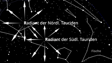 Sternkarte mit den Radianten der Nördlichen und Südlichen Tauriden-Sternschnuppen. Der Meteor-Strom hat seinen Ausstrahlungspunkt bei den Sternbildern Stier, Zwillinge und Fuhrmann. | Bild: BR, Skyobserver