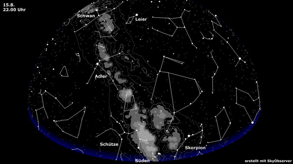 Sternkarte mit den Sternbildern Schütze, Skorpion, Adler und Schwan auf der Milchstraße (gültig für den 15. August um 22.00 Uhr) | Bild: BR, Skyobserver