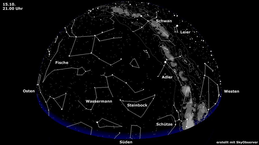 Sternkarte mit den Sternbildern Schütze, Skorpion, Adler und Schwan auf der Milchstraße (gültig für den 15. Oktober um 21.00 Uhr) | Bild: BR, Skyobserver
