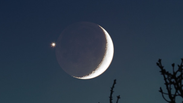 Die junge Mondsichel mit aschfahlem Mondlicht am Abendhimmel neben dem Planeten Venus | Bild: Johannes Schedler / Panther Observatory