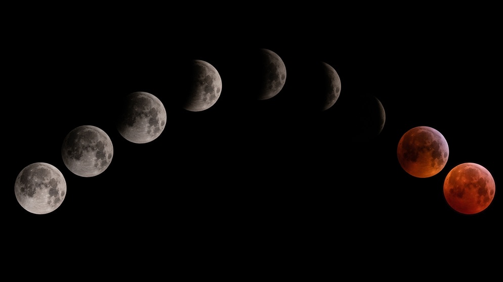 Verlauf der Mondfisnternis vom 21. Januar 2019 von 4.20 bis 6.20 Uhr (von links nach rechts): Langsam schiebt sich der Vollmond in den Kernschatten der Erde und schrumpft scheinbar zu Sichel. Sobald der Kernschatten die Mondscheibe vollständig bedeckt, leuchtet der Mond glutrot auf. Fotografiert von Steffen Hafner auf dem Sauberg in Ötisheim mit 1200 mm Brennweite. | Bild: Steffen Hafner