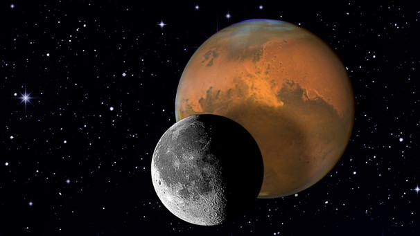 Collage des Planeten Mars mit dem Mond vor dem Sternenhimmel | Bild: NASA, ESA, colourbox.com