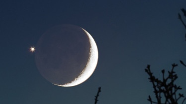 Die junge Mondsichel mit aschfahlem Mondlicht am Abendhimmel neben dem Planeten Venus | Bild: Johannes Schedler / Panther Observatory