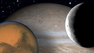 Collage der Planeten Mars und Jupiter mit dem Mond vor dem Sternenhimmel | Bild: NASA, colourbox.com