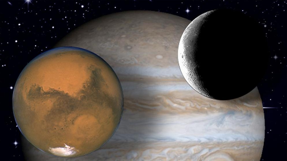 Collage der Planeten Mars und Jupiter mit dem Mond vor dem Sternenhimmel | Bild: NASA, colourbox.com