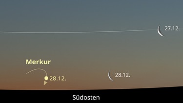 Sternkarte für den Planeten Merkur sowie den Mond im Dezember 2024 | Bild: BR, Skyobserver
