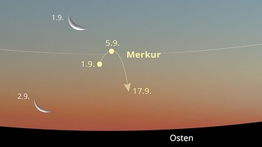 Sternkarte für den Planeten Merkur sowie den Mond im September 2024 | Bild: BR, Skyobserver