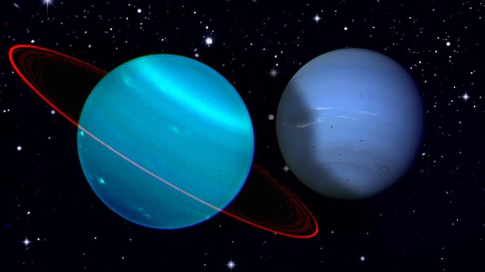 Collage der Planeten Uranus (links) & Neptun (rechts) vor dem Sternenhimmel | Bild: NASA, ESA, colourbox.com