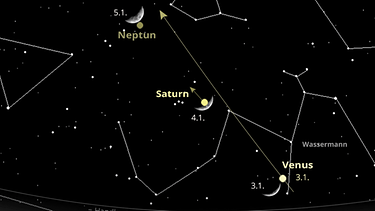 Sternkarte für die Planeten Neptun, Saturn und Venus sowie den Mond im Januar 2025 | Bild: BR, Skyobserver