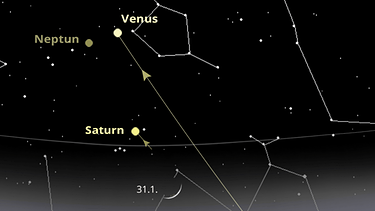 Sternkarte für die Planeten Neptun, Saturn und Venus sowie den Mond Ende Januar 2025 | Bild: BR, Skyobserver