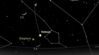 Sternkarte für die Planeten Venus und Saturn sowie den Mond im Februar 2025 | Bild: BR, Skyobserver