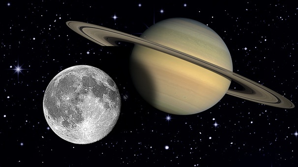 Collage des Planeten Saturn mit dem Mond vor dem Sternenhimmel | Bild: NASA, ESA, colourbox.com