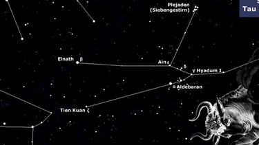 Sternkarte für das Sternbild Stier (Taurus) | Bild: BR, Skyobserver, NASA/U.S. Naval Observatory's Library